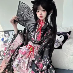 Traditional Japanese Pink & Black Kimono Dress