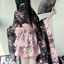 Traditional Japanese Pink & Black Kimono Dress