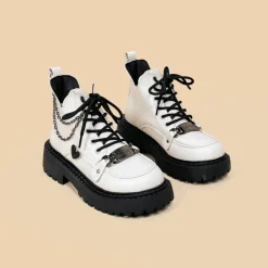 White Chained Ankle Moto Boots