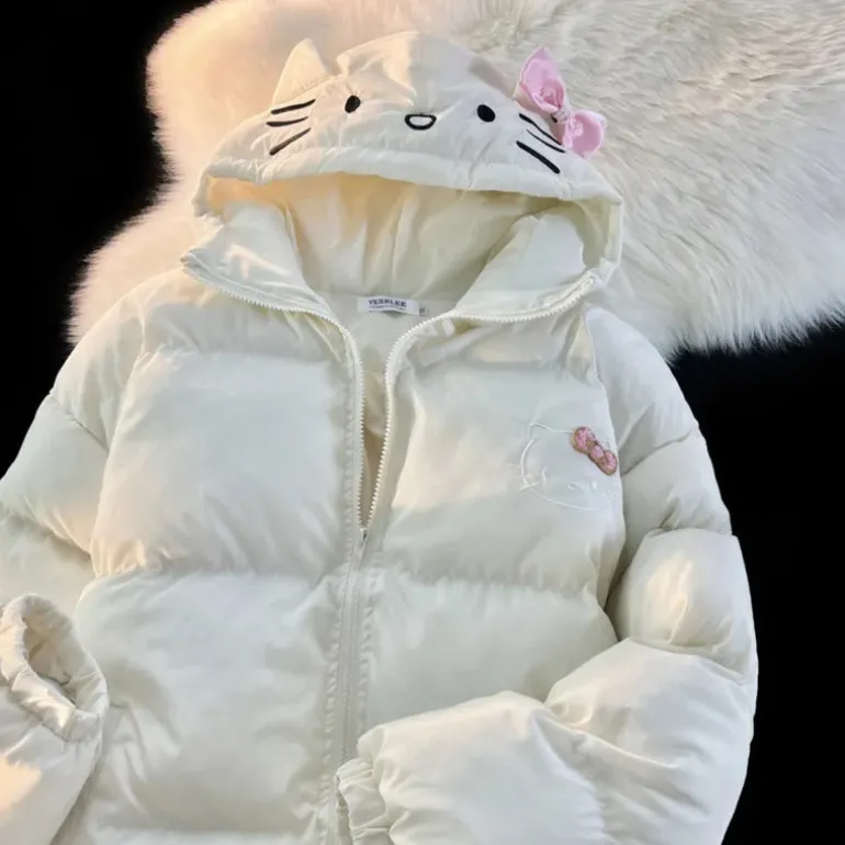 White Kitten Bomber Puffer Jacket