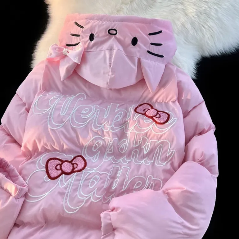 White Kitten Bomber Puffer Jacket